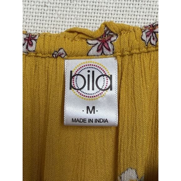 Bila Yellow Floral Blouse Top 3/4 Sleeves Sz M Ruffle Sleeves Tassel Tie - Picture 10 of 12